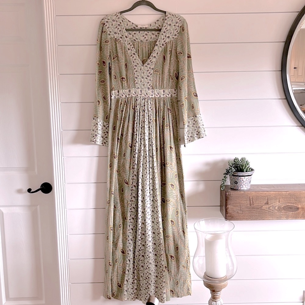 ba&sh Green V-Neck Maxi Dress with Bishop Sleeves